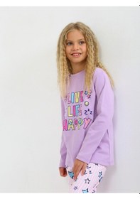 Resim Kız Çocuk Uzun Kollu %100 Pamuklu Pijama Takımı Happy Life Lila 