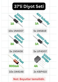 Resim Diyot Seti Tht 6 Çeşit 37 Adet - 1n4007, 1n4148, 1n5819, 1n5408, Uf4007, Kbp410 