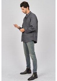 Resim De Leone Erkek Çizgili Uzun Kollu Yün Apre Gömlek 0171107 Laciver Lacivert 