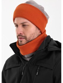 Resim Hünkar Sytle, Çift Renk Çift Kat Katlanabilir Yumuşak Erkek Bere Boyunluk Takım - Standart / Gri-kiremit Gri-kiremit 