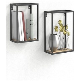 Resim Dekoratif 2'li Küp Set Siyah Metal Duvar Rafı Kitaplık Saksılık Ahşap Tabla 15 Kg Yük Kapasiteli 