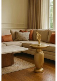 Resim Tekli Mantar Sehpa Doğal Masif Ahşap Dekoratif Yan Sehpa - Altın Renk Altın 