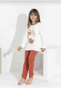 Resim Kız Çocuk Baskılı Uzun Kollu Pijama Takımı Sevimli Ev Giyimi-8408- Kiremit 