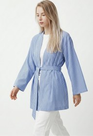Resim Saade Mavi Kadın Dikey Çizgili Geniş Kollu Şık Yazlık Relaxed Kimono 