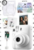 Resim Fujifilm Instax mini 12 Beyaz Fotoğraf Makinesi-10'lu Film-Kıskaçlı Stand-PVC Albüm ve Simli Pleksi Kılıf Set 