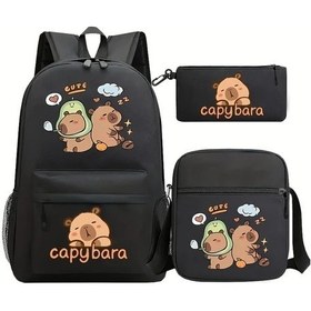 Resim Topshop1 Siyah 3 Parça Kapibara Baskılı Sırt Çantası Seti Ayarlanabilir Askılı Hafif Laptop Çanta Silinebilir Yüzey Fermuarlı Büyük Kapasite Tek Omuz Çantası Kalem Kutusu Siyah 