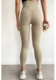 Resim Bonbonetti Chocolate Baby & Kids Fitilli Seamless Çizgili Tayt Yüksek Bel Dayanıklı Örme Kumaş Spor Tayt Toparlayıcı Bej 