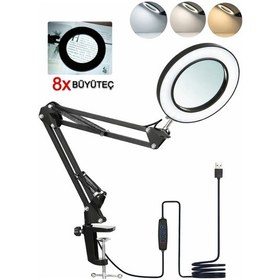 Resim Masaüstü Sıkıştırmalı Led Lamba Güzellik Salonu Kitap Okuma Yayın Işığı 8x Büyüteçli 3 Renk Mod Işık 