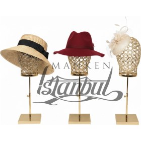 Resim Kadın Tel Kafa Mankeni Gold Renk Şapka Aksesuar Sergileme Mağaza Mankeni 