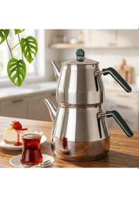 Resim Porsima 1027-2 Prizma Bakalit Metal Kulp Mega Boy Paslanmaz Çelik Çaydanlık Takımı Yeşil - 2,20-4 Lt 