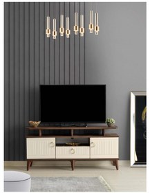 Resim 110 CM MDF MEBRAN KAPAK RAFLI TV SEHPASI BAROK CEVİZ - KREM 