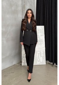 Resim Kadın İkili Blazer Ceket Pantolon Takım Pile Ve Düğme Detaylı Boru Paça Siyah 