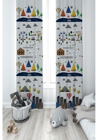 Resim Mekta Home Bebek Ve Çocuk Odası Eğitici Şehir Desenli Yollu 2 Kanat Fon Perde 