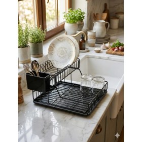 Resim Feyza Design Iki Katlı Paslanmaz Metal Bulaşık Sepeti, Tezgah Üstü, Dayanaklı ve Şık 