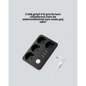 Resim Esplendor 3 USB Çıkışlı 4’lü Akıllı Priz 2500W 2 Metre Kablo - URN1693-5667 