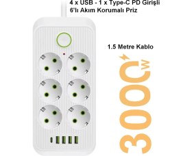 Resim Vea 6'lı Akım Korumalı Priz 1.5 Metre Kablo 4 x Usb 1 x Type-C Pd Girişli Grup Priz 16 Ah Akım Korumalı Priz 3000W Güç Anahtarlı Topraklı Çocuk Korumalı 