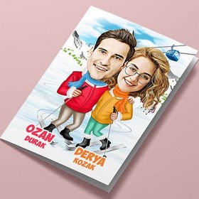 Resim Kayak Yapan Sevgililer Karikatürlü Tebrik Kartı 