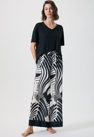 Resim Zebra desenli v yakalı geniş paça pantolon takmı - SİYAH BEYAZ / 2X 