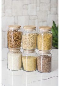 Resim 6 Lı Set Bambu Kapaklı Cam Kavanoz & Erzak Saklama Kabı 800 Ml Orta Boy Vakum Kapak Çok Renkli 