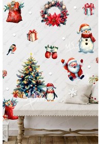 Resim Eğlenceli Kardan Adam Penguen Ve Yeniyıl Ağacı Kış Konseptli Yılbaşı Süsü Sticker Seti Dijital Baskı 