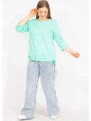Resim Kadın Lacivert Büyük Beden Pamuklu Kumaş Çizgi Kombinli Bluz 65n35571-yeşil Yeşil 