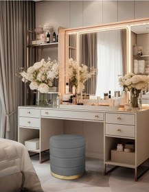 Resim Lungo Roller Gold Kaplama Luxery Puf- Gri Babyface Kumaş Pofuduk Oturma Pufu&makyaj Pufu&bench 