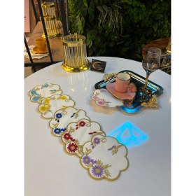 Resim Kokteyl Peçetesi, Gold Çerçeveli Çok Renkli Oval Kesim Kahve Tepsisi Peçeteliği,6'lı Sunumluk Peçete 