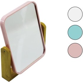 Resim DİKDÖRTGEN=20.5X15.5CM Ahşap Bambu Ayaklı Makyaj Aynası Çift Taraflı Renkli Plastik Çerçeve 