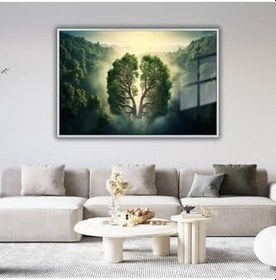 Resim Gaagart Metal Çerçeveli Yatay Cam Tablo Yeşil Orman Manzarası Ve Ağaç, 90 X 60 