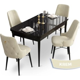 Resim Canisa Concept Taç Serisi 80 x 132 cm Açılabilir Siyah Mermer Desen Masa Takımı 4 Sandalye Gold Halkalı 