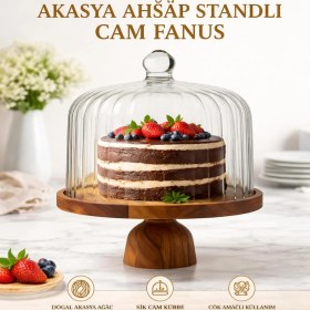 Resim Welcomein Homes Akasya Ahşap Standlı Cam Fanus – Ayaklı Kek ve Pasta Sunum Standı, Ahşap Servis Tabağı ve Cam Kapaklı Cake Stand 