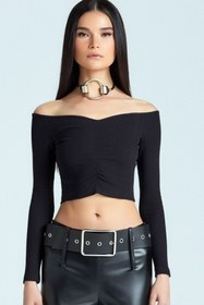 Resim MissThetis Likralı Dar Ve Fit Kalıp Uzun Kol Dekolteli Önü Büzgülü Şık Ve Cool Esnek Straplez Crop Bluz 