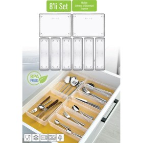 Resim Beyaz 8’li Modüler Kaşıklık Seti, Mutfak Düzenleyici Çekmece Içi Organizer 