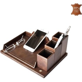Resim Tabac 363-40 Hakiki Deri Masa Üstü Telefon ve Gözlük Tutucu Maya Kahve 