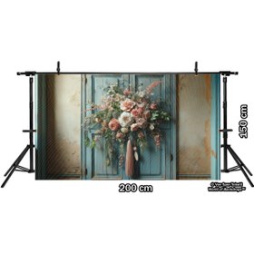 Resim Venspor Vintage Çiçek Aranjmanlı Mavi Kapı Arkaplanı, Rustik Fon, Duvar Örtüsü 200x150cm 