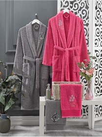 Resim 4 Parça Aile Bornoz Seti Kadın Erkek Havlulu Bornoz Takımı Fuşya (547429861) 