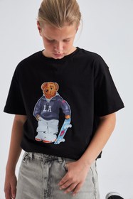 Resim Teddy Bear Kaykay Tasarım Baskılı %100 Pamuk Erkek Oversize Çocuk Tişört - Siyah / 12-13 Yaş 