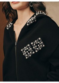 Resim Afri Lüks İnci Detaylı Taş Dizimli Kapüşonlu Siyah Eşofman Takımı Fermuarlı Sweatshirt & Pantolon Takım Siyah 