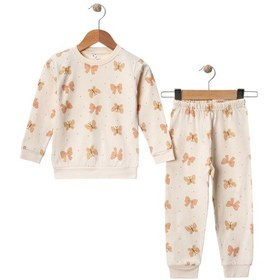 Resim Kız Çocuk Kelebek Desenli %100 Pamuk İnterlok Kumaş Pijama Takımı 3-6 Yaş Krem 