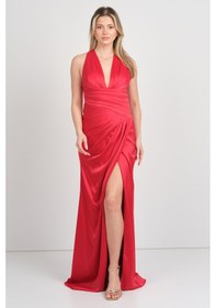 Resim Doridorca Kadın Derin V Yaka Beli Drapeli Maxi Boy Abiye Elbise 7084 Kırmızı Kırmızı 