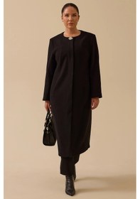 Resim Galaxi Kadın Büyük Beden Taş Detaylı Uzun Kaşe Kaban 4006 Siyah Siyah 