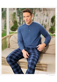 Resim Pijamoni Erkek Düğme Yaka Uzun Kol Mevsimlik Pijama Takımı 6810/19 - 1 Adet Mavi 