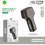 Resim TE DOS Te-Dos 2in1 Usb&Type-C 38W Araç Şarj Cihazı Hızlı Şarj TD-CC4013 