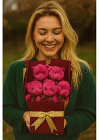 Resim Sevgiliye Doğum Günü Özel Günlere Romantik Sürpriz Hediye 5 Li Sevimli Fuşya Peluş Ayıcıklar Buketi Renkli 