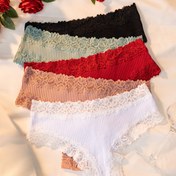 Resim 5'li Paket Kadın Kontrast Dantel Kabartmalı İç Çamaşırı, Romantik Düz Renk Külotlar, Rahat İç Giyim 