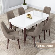 Resim Canisa Concept Lia Serisi, 80 x 132 cm Açılabilir Mutfak Masa Takımı, Beyaz Masa Ceviz Ayak 6 Sandalye 