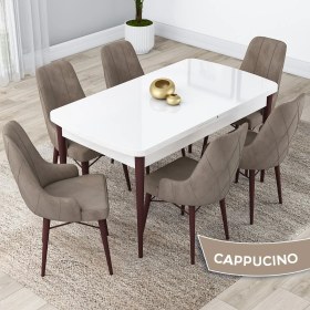 Resim Canisa Concept Lia Serisi, 80 x 132 cm Açılabilir Mutfak Masa Takımı, Beyaz Masa Ceviz Ayak 6 Sandalye 