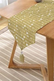 Resim RealHomes Gold Zeminde Ok Çizimli Dijital Baskılı Özel Tasarım Püsküllü Şönil Üçgen Runner 