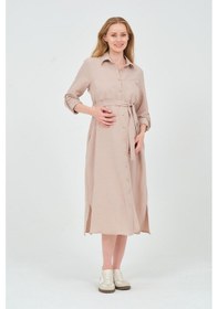 Resim Busa Hamile Gömlek Yaka Önden Cepli Midi Boy Elbise Vizon 