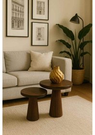 Resim Doğal Ahşap Zigon Sehpa Masif 2 Li Yan Sehpa Seti - Kestane Renk Kestane 